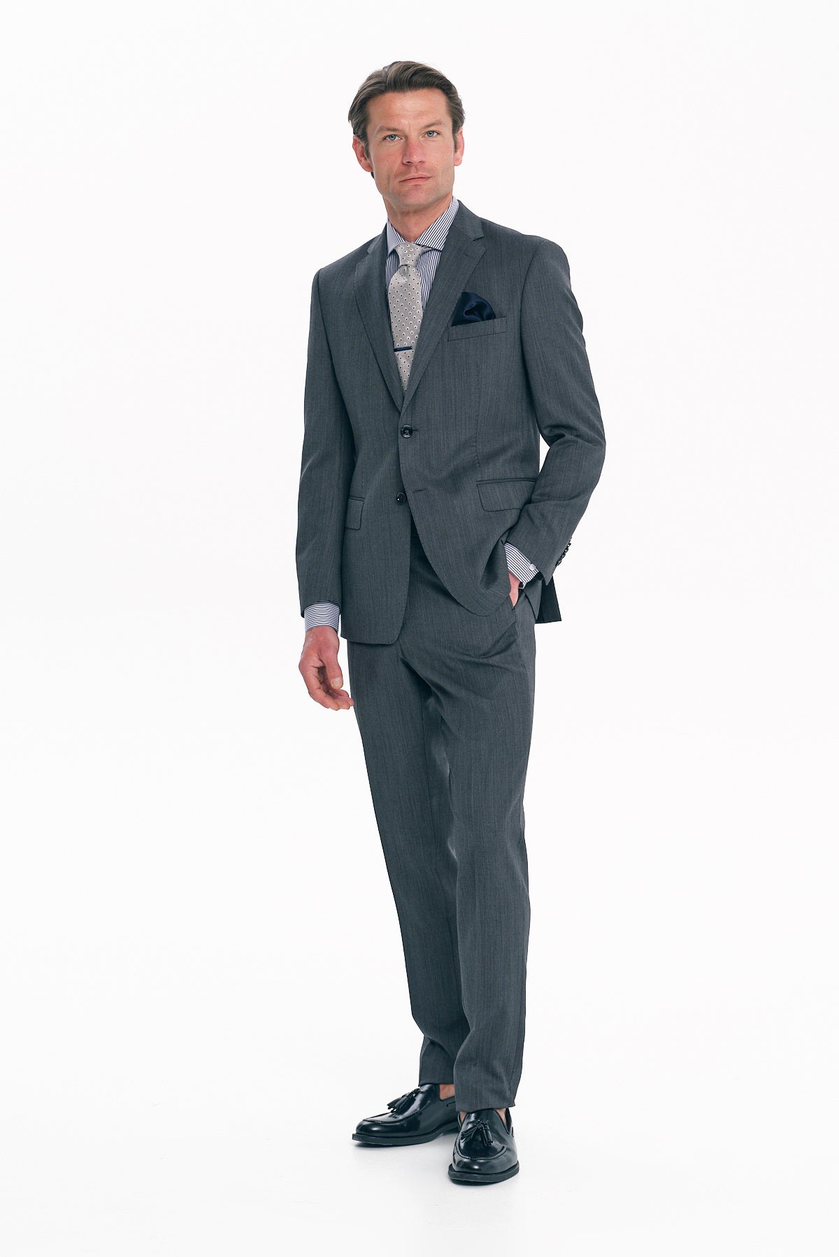 ΑΝΔΡΙΚΟ ΓΚΡΙ ΣΚΟΥΡΟ ΚΟΣΤΟΥΜΙ SLIM FIT ΣΕ ΥΦΑΣΜΑ MARZOTTO SUPER 150'S PORTOBELLO'S