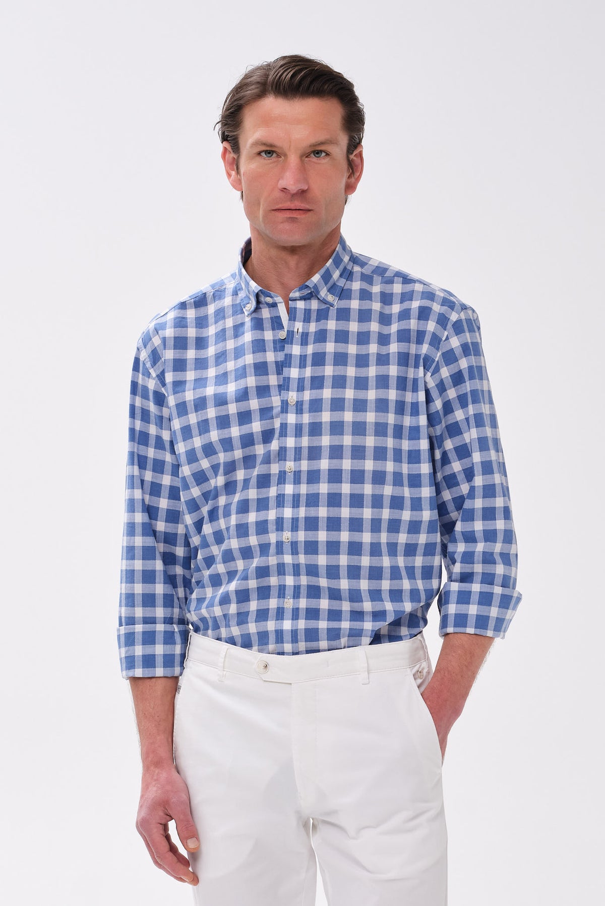 ΑΝΔΡΙΚΟ ΜΠΛΕ ΚΑΡΟ ΠΟΥΚΑΜΙΣΟ PORTOBELLO'S ΜΕ BUTTON DOWN ΓΙΑΚΑ SLIM FIT
