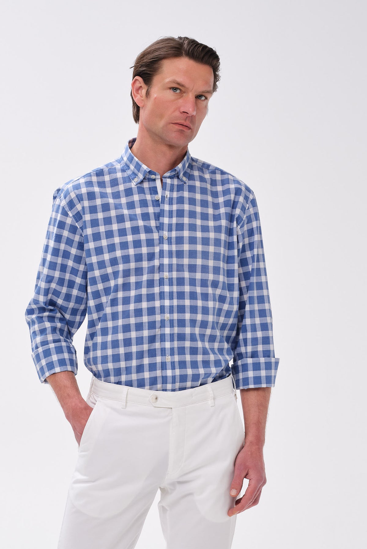 ΑΝΔΡΙΚΟ ΜΠΛΕ ΚΑΡΟ ΠΟΥΚΑΜΙΣΟ PORTOBELLO'S ΜΕ BUTTON DOWN ΓΙΑΚΑ SLIM FIT