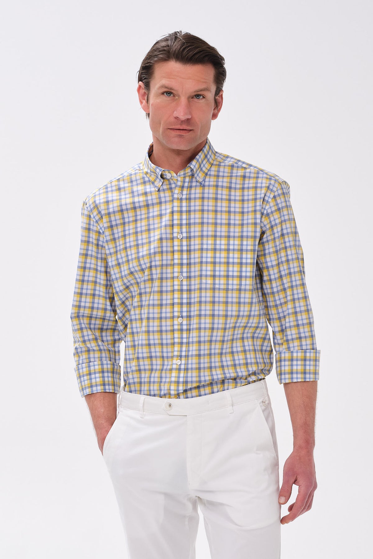 ΑΝΔΡΙΚΟ ΠΟΥΚΑΜΙΣΟ ΜΕ BUTTON DOWN ΓΙΑΚΑ PORTOBELLO'S ΠΡΑΣΙΝΟ ΜΠΛΕ ΚΑΙ ΚΙΤΡΙΝΟ ΚΑΡΟ