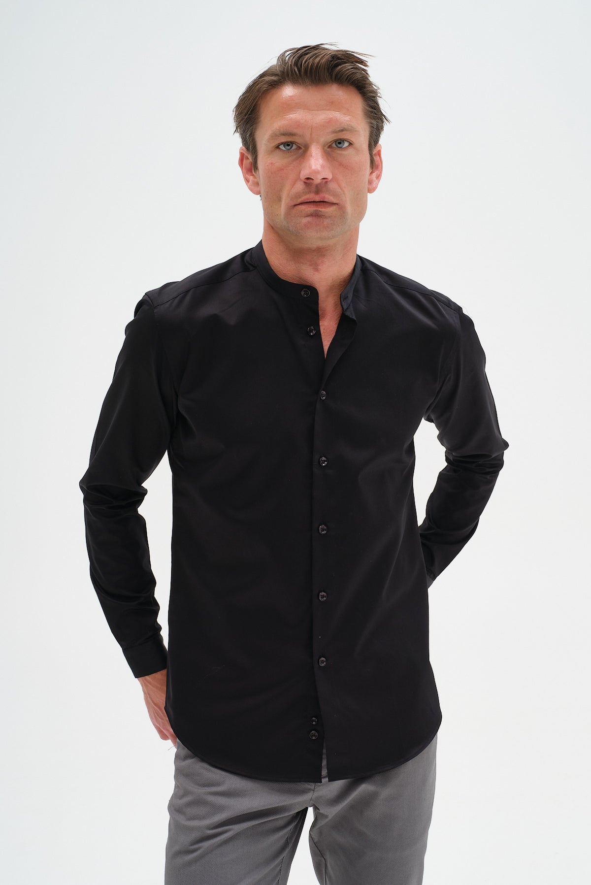 ΑΝΔΡΙΚΟ ΜΑΥΡΟ ΠΟΥΚΑΜΙΣΟ PORTOBELLO'S ΜΕ ΜΑΟ ΓΙΑΚΑ SLIM FIT