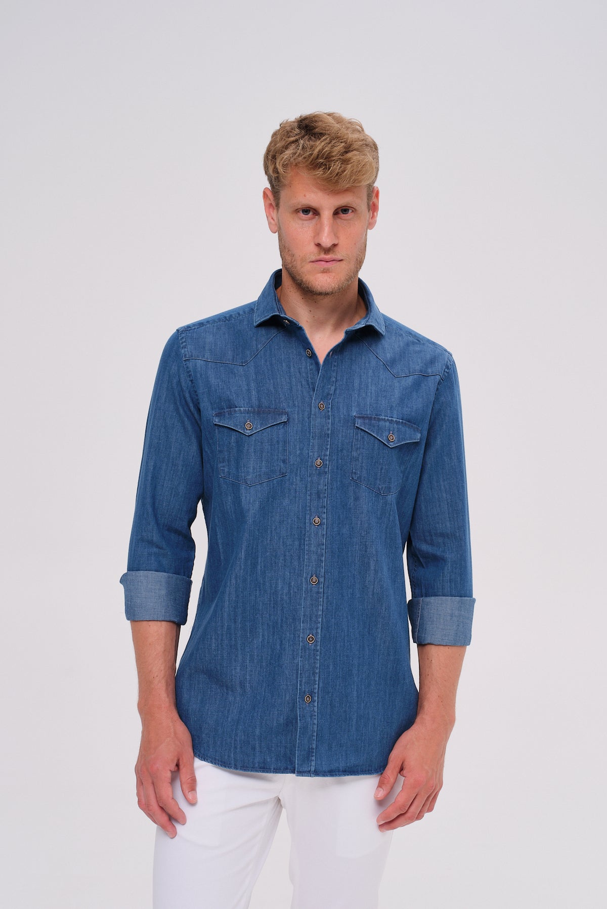 ΑΝΔΡΙΚΟ DENIM ΠΟΥΚΑΜΙΣΟ PORTOBELLO'S ΜΕ REX ΓΙΑΚΑ ΚΑΙ ΔΥΟ ΤΣΕΠΕΣ