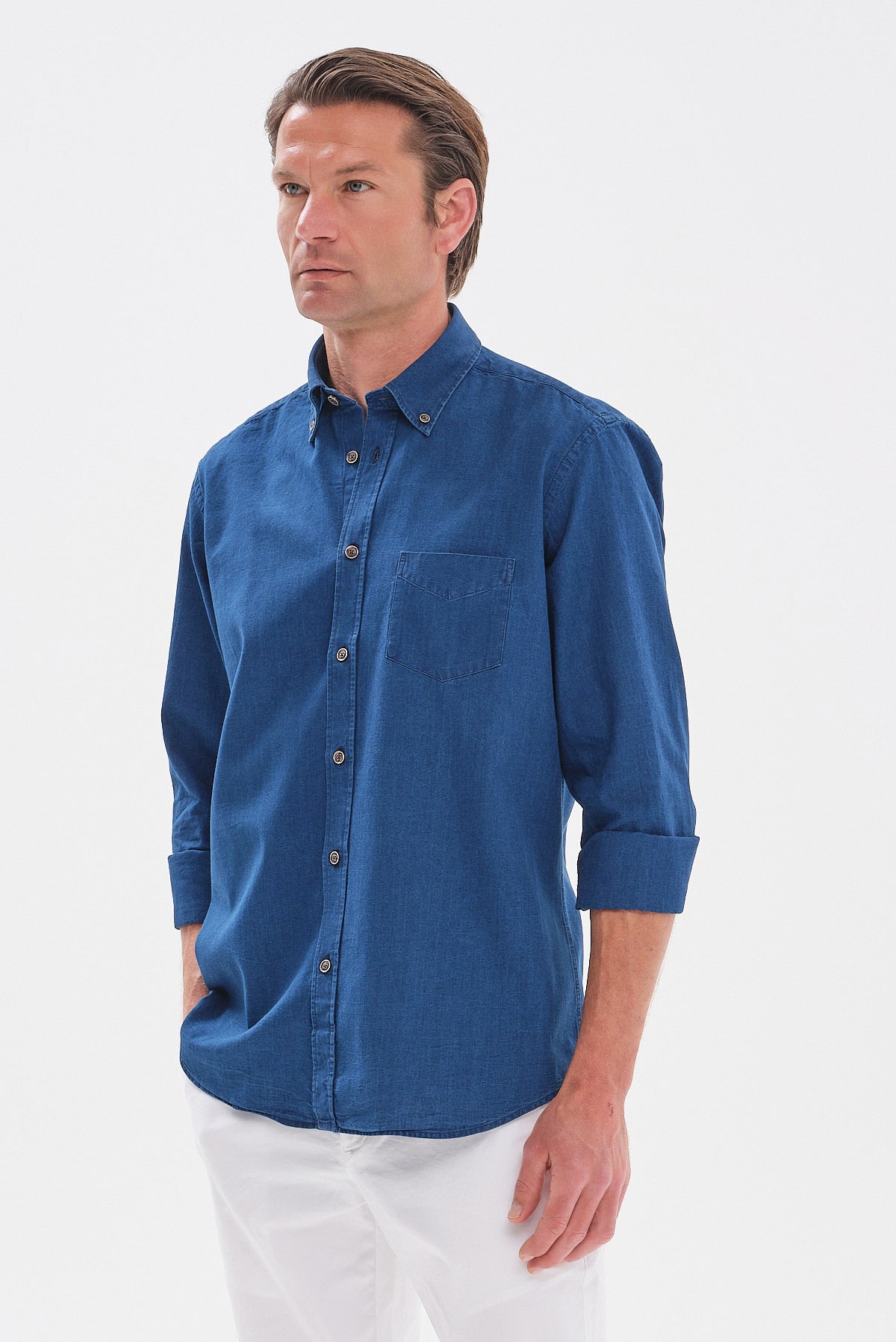 ΑΝΔΡΙΚΟ DENIM ΠΟΥΚΑΜΙΣΟ ΜΟΝΟΧΡΩΜΟ PORTOBELLO'S REGULAR FIT ΜΕ BUTTON DOWN ΓΙΑΚΑ