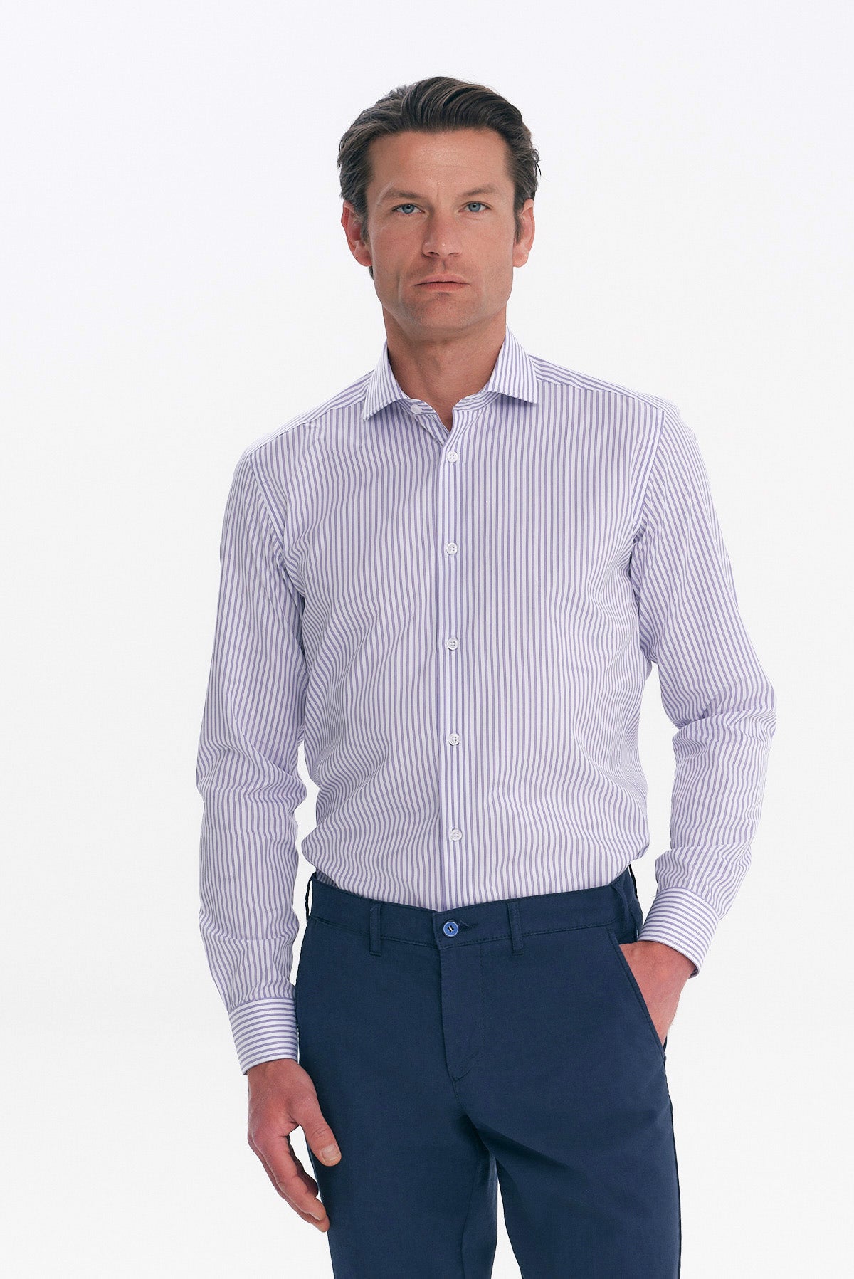 ΑΝΔΡΙΚΟ ΛΙΛΑ ΠΟΥΚΑΜΙΣΟ ΜΕ ΛΕΥΚΕΣ ΡΙΓΕΣ SLIM FIT PORTOBELLO'S ΚΑΙ REX ΓΙΑΚΑ
