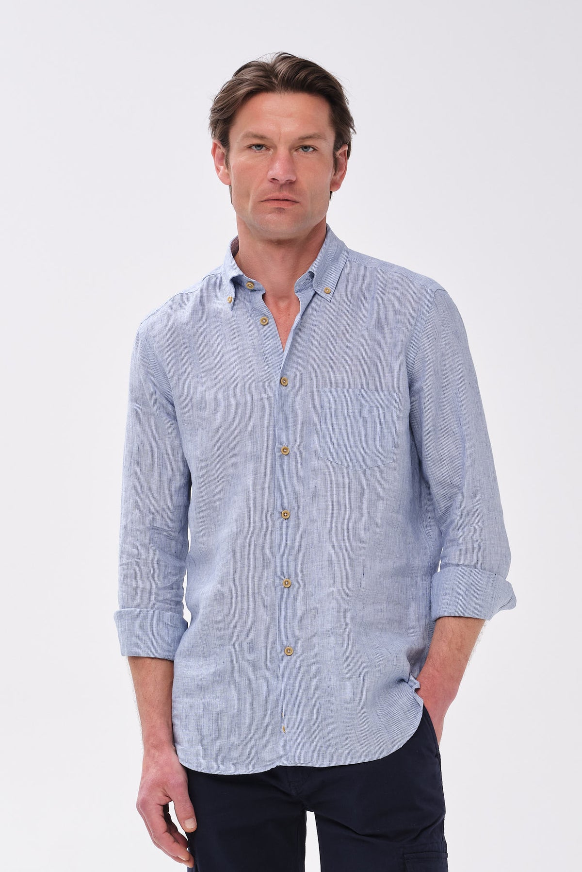 ΑΝΔΡΙΚΟ ΛΙΝΟ ΣΙΕΛ ΠΟΥΚΑΜΙΣΟ PORTOBELLO'S ME BUTTON DOWN ΓΙΑΚΑ MODERN FIT