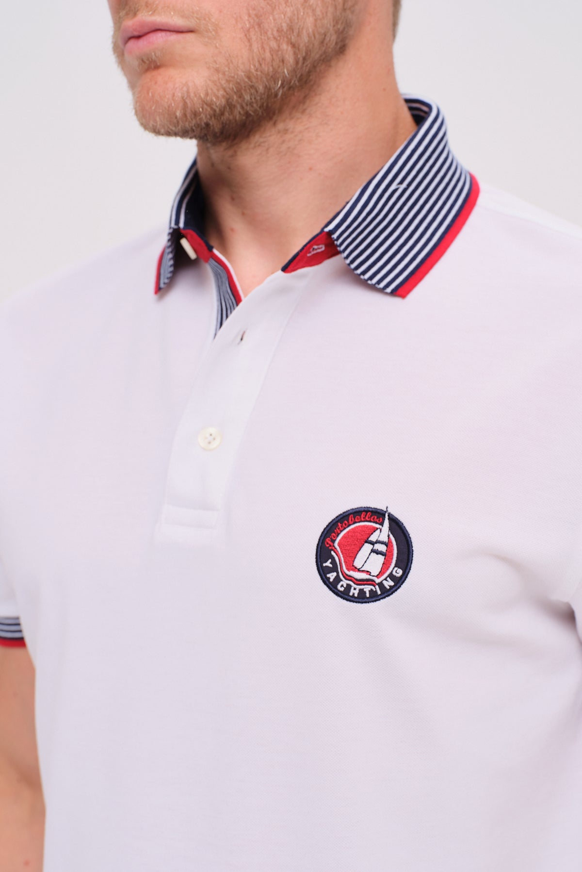 ΑΝΔΡΙΚΟ POLO ΚΟΝΤΟΜΑΝΙΚΟ ΛΕΥΚΟ PORTOBELLO'S ΜΕ ΜΠΛΕ ΛΕΠΤΟΜΕΡΕΙΕΣ
