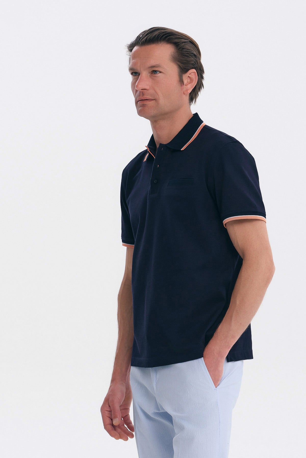 ΑΝΔΡΙΚΟ ΜΠΛΕ POLO MERCERISED REGULAR FIT PORTOBELLO'S ΜΕ ΛΕΠΤΟΜΕΡΕΙΕΣ