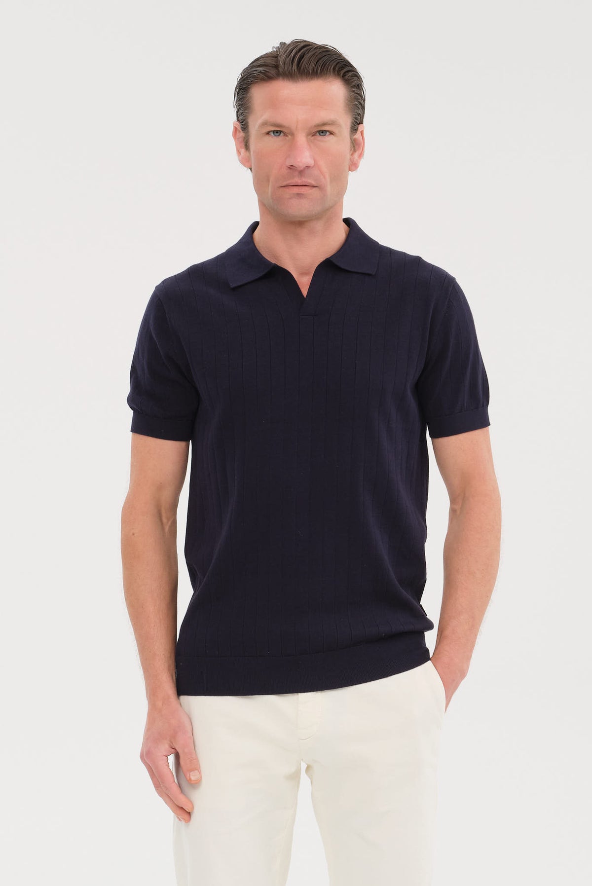 ΑΝΔΡΙΚΟ ΜΠΛΕ KONTOMANIKO POLO PORTOBELLO'S ME ΚΑΘΕΤΗ ΡΙΓΕ ΠΛΕΞΗ ΚΑΙ NO BUTTON ΓΙΑΚΑ REGULAR FIT