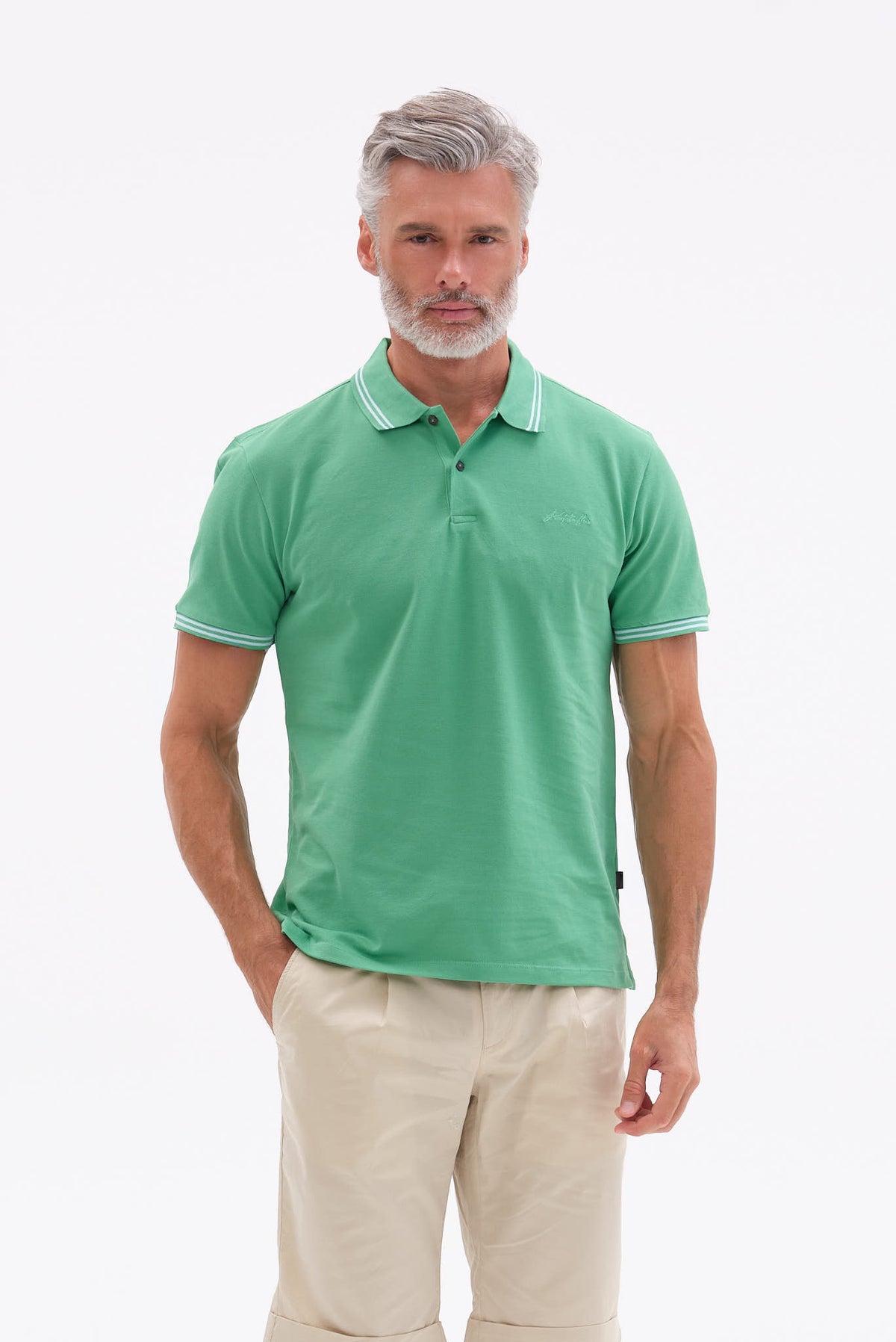 ΑΝΔΡΙΚΟ ΠΡΑΣΙΝΟ ΚΟΝΤΟΜΑΝΙΚΟ PIQUE POLO PORTOBELLO'S ΜΕ ΛΕΠΤΟΜΕΡΕΙΕΣ ΣΤΟΝ ΓΙΑΚΑ ΚΑΙ ΣΤΑ ΜΑΝΙΚΙΑ REGULAR FIT