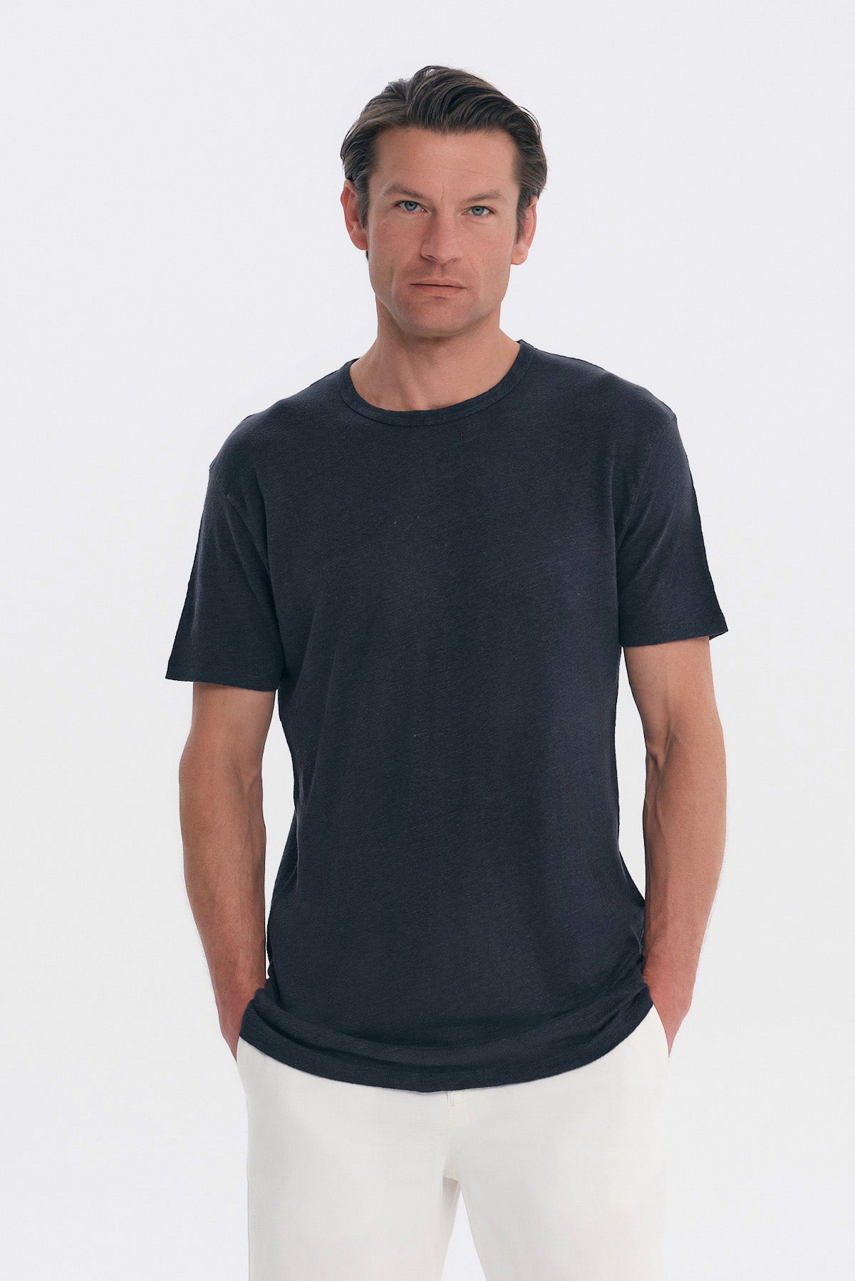 ΑΝΔΡΙΚΟ ΚΟΝΤΟΜΑΝΙΚΟ T-SHIRT ΛΙΝΟ REGULAR FIT PORTOBELLO'S ΣΤΟ ΧΡΩΜΑ ΤΟΥ ΓΡΑΦΙΤΗ