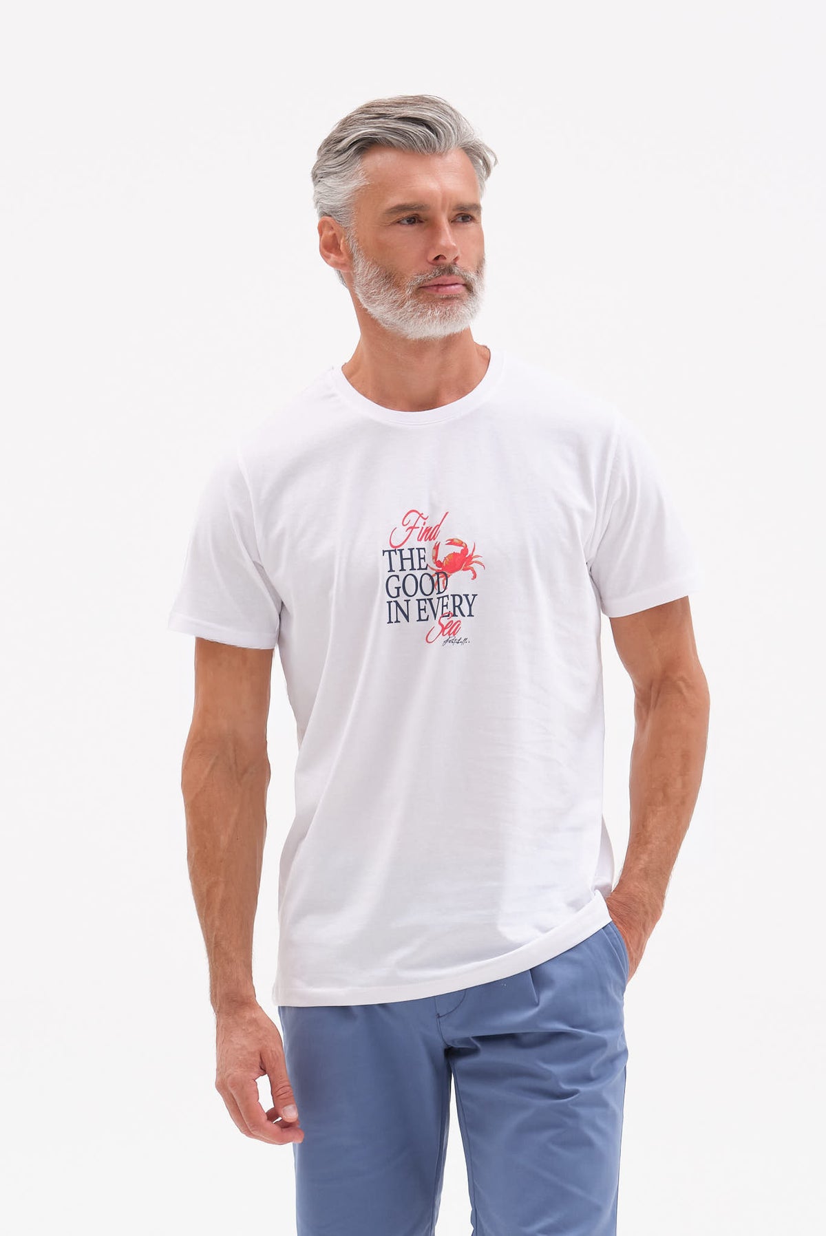 ΑΝΔΡΙΚΟ ΛΕΥΚΟ ΚΟΝΤΟΜΑΝΙΚΟ T-SHIRT PORTOBELLO'S ME ΣΤΑΜΠΑ FIND THE GOOD IN EVERY SEA