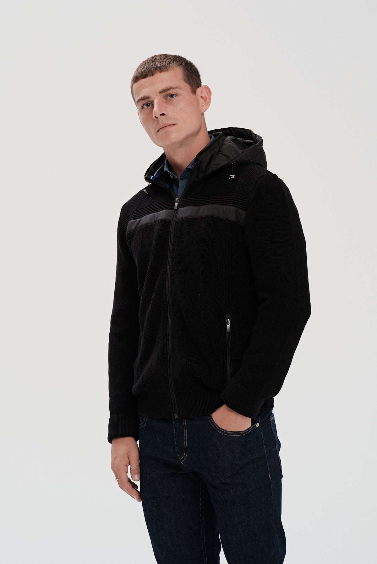 ΑΝΔΡΙΚΗ ΜΑΥΡΗ ΖΑΚΕΤΑ CARDIGAN PORTOBELLO'S ΜΕ ΚΟΥΚΟΥΛΑ REGULAR FIT