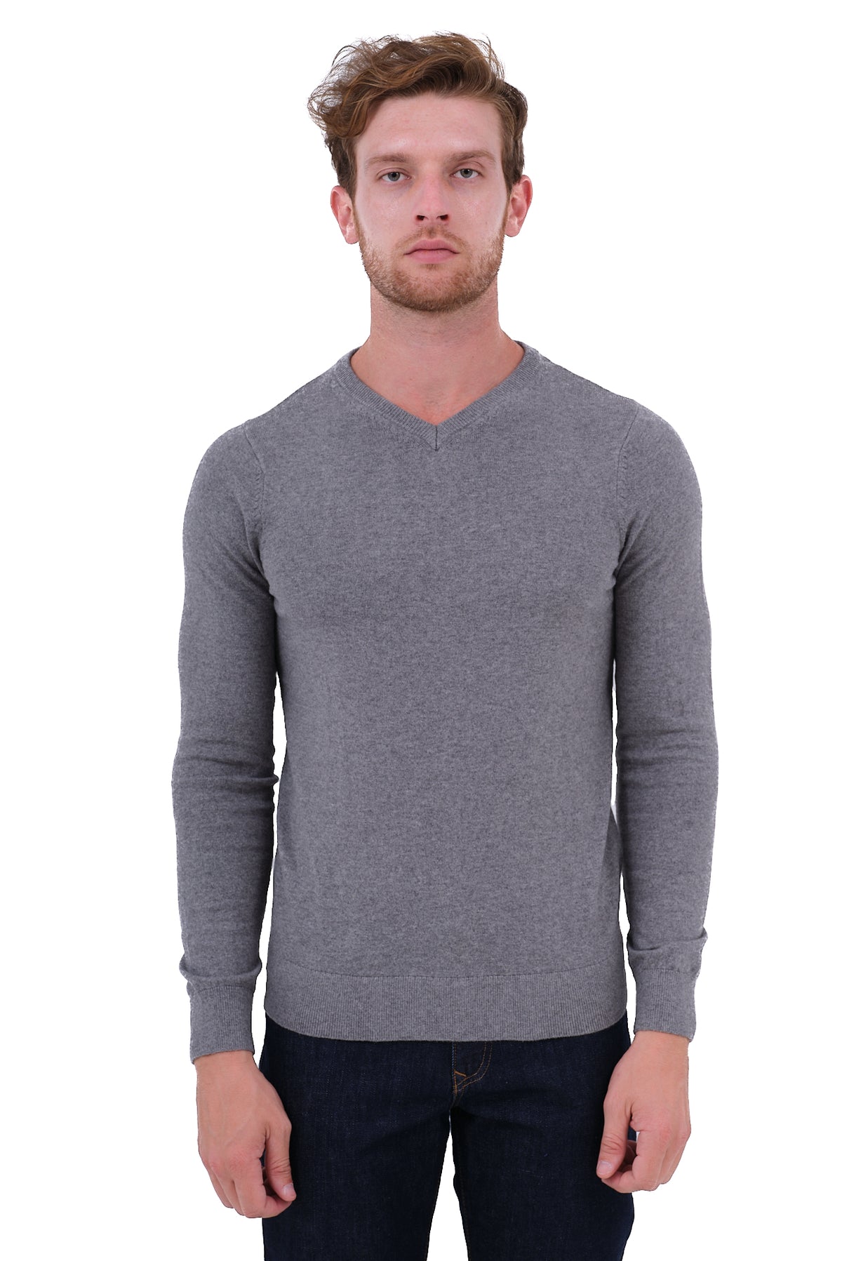 ΑΝΔΡΙΚΟ ΓΚΡΙ ΜΕΣΑΙΟ ΠΟΥΛΟΒΕΡ PORTOBELLO'S ΜΕ V NECK ΚΑΙ ΚΑΣΜΙΡ