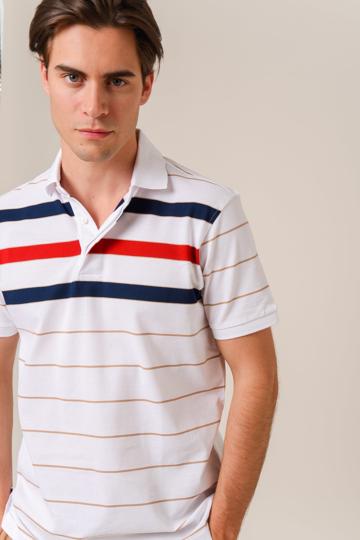 ΑΝΔΡΙΚΟ POLO PORTOBELLO'S ΛΕΥΚΟ ΜΕ ΚΟΚΚΙΝΕΣ ΜΠΕΖ ΚΑΙ ΜΠΛΕ ΡΙΓΕΣ
