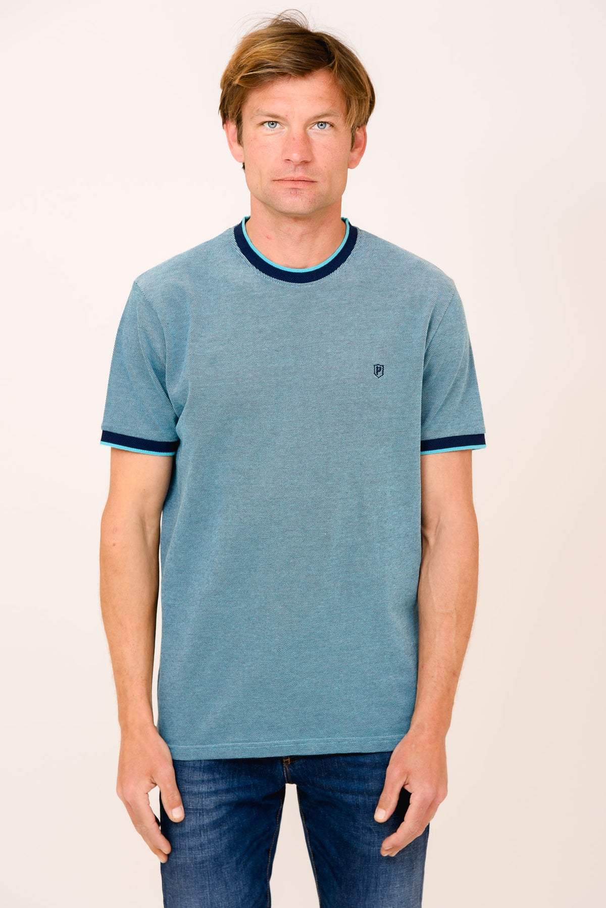 ΑΝΔΡΙΚΟ T-SHIRT PORTOBELLO'S ΠΕΤΡΟΛ ΜΕ ΜΠΛΕ ΛΕΠΤΟΜΕΡΕΙΕΣ