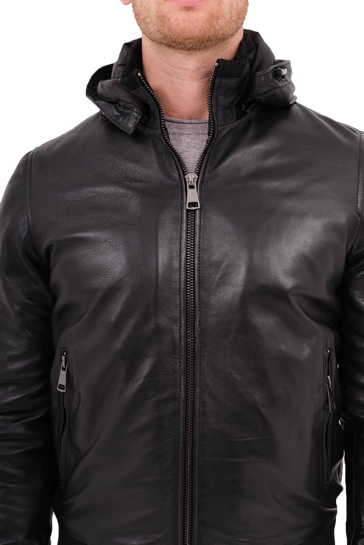 ΑΝΔΡΙΚΟ ΔΕΡΜΑΤΙΝΟ JACKET PORTOBELLO'S ΣΕ ΜΑΥΡΟ ΧΡΩΜΑ ΜΕ ΚΟΥΚΟΥΛΑ