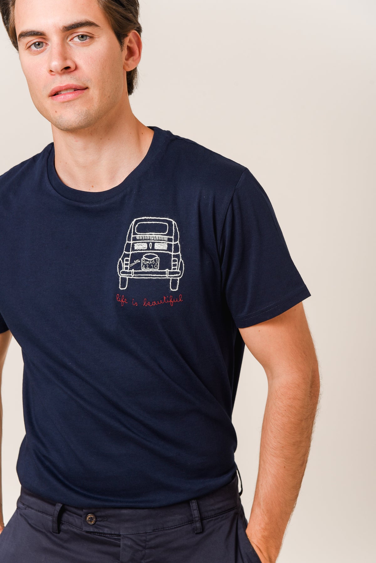 ΑΝΔΡΙΚΟ T-SHIRT PORTOBELLO'S ΜΠΛΕ NAVY ΜΕ ΣΧΕΔΙΟ ΑΥΤΟΚΙΝΗΤΟ REGULAR FIT