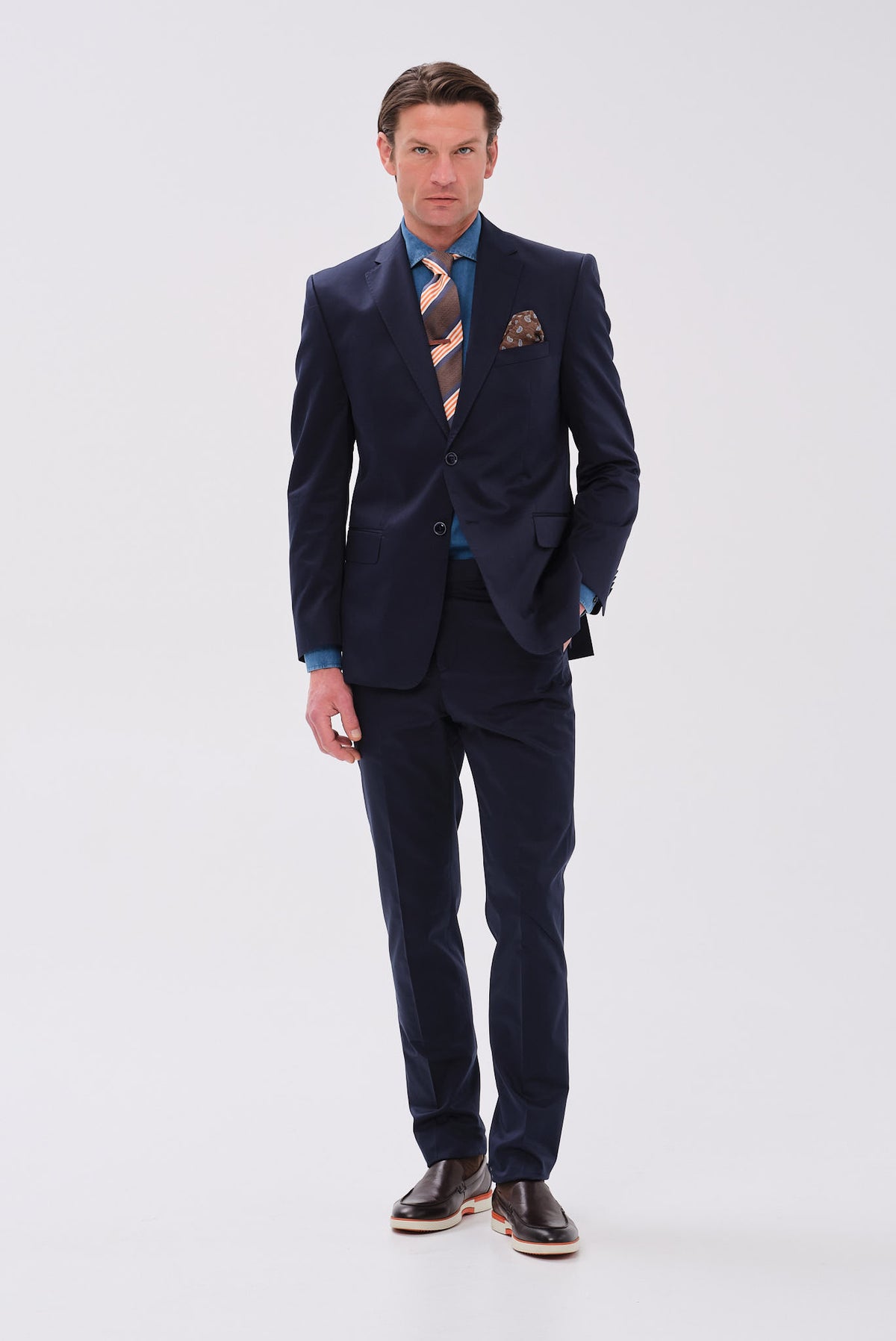 ΑΝΔΡΙΚΟ ΜΠΛΕ ΒΑΜΒΑΚΕΡΟ ΚΟΣΤΟΥΜΙ PORTOBELLO'S SLIM FIT ΣΕ ΥΦΑΣΜΑ SONDRIO
