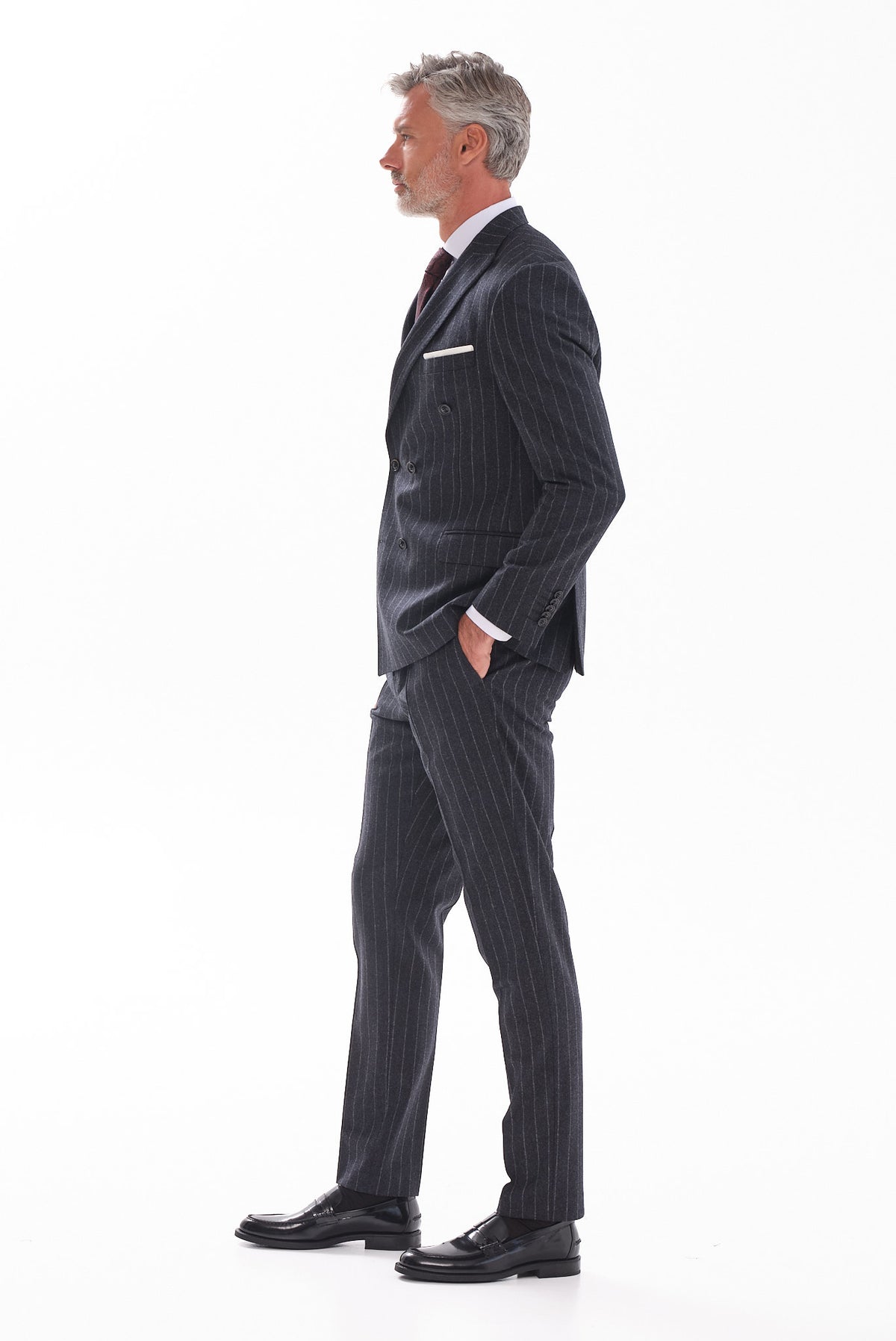 ΑΝΔΡΙΚΟ ΜΑΛΛΙΝΟ ΚΟΣΤΟΥΜΙ PORTOBELLO'S SLIM FIT ΣΕ XΡΩΜΑ ΓΡΑΦΙΤΗ ΜΕ ΡΙΓΕΣ
