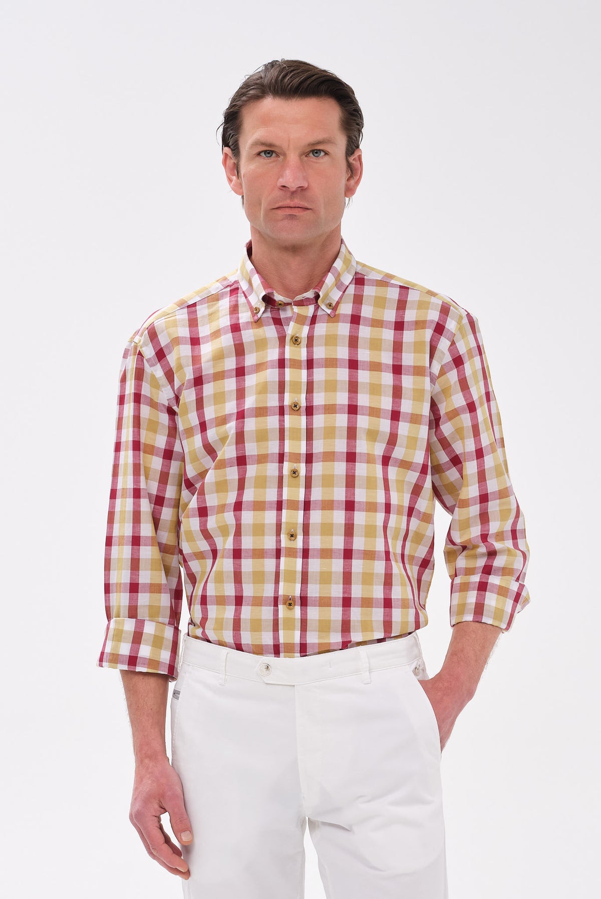 ΑΝΔΡΙΚΟ ΠΟΥΚΑΜΙΣΟ ΜΕ BUTTON DOWN ΓΙΑΚΑ PORTOBELLO'S ΚΙΤΡΙΝΟ ΚΑΡΟ REGULAR FIT