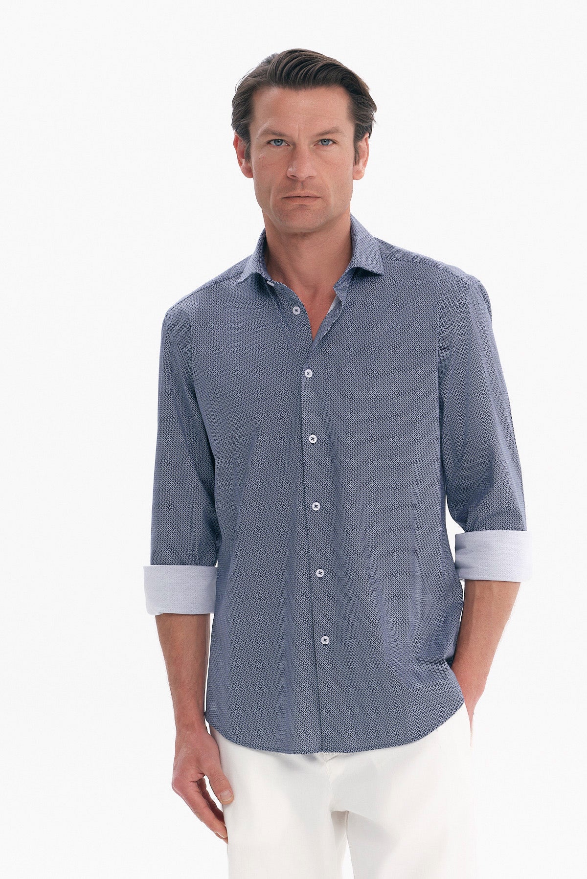 ΑΝΔΡΙΚΟ ΜΠΛΕ ΠΟΥΚΑΜΙΣΟ JERSEY REGULAR FIT PORTOBELLO'S ΜΕ REX ΓΙΑΚΑ ΚΑΙ ΜΙΚΡΟΣΧΕΔΙΟ