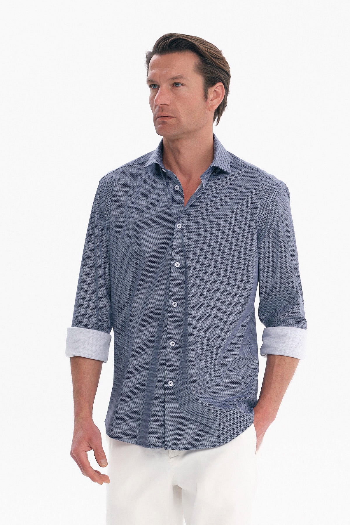 ΑΝΔΡΙΚΟ ΜΠΛΕ ΠΟΥΚΑΜΙΣΟ JERSEY REGULAR FIT PORTOBELLO'S ΜΕ REX ΓΙΑΚΑ ΚΑΙ ΜΙΚΡΟΣΧΕΔΙΟ
