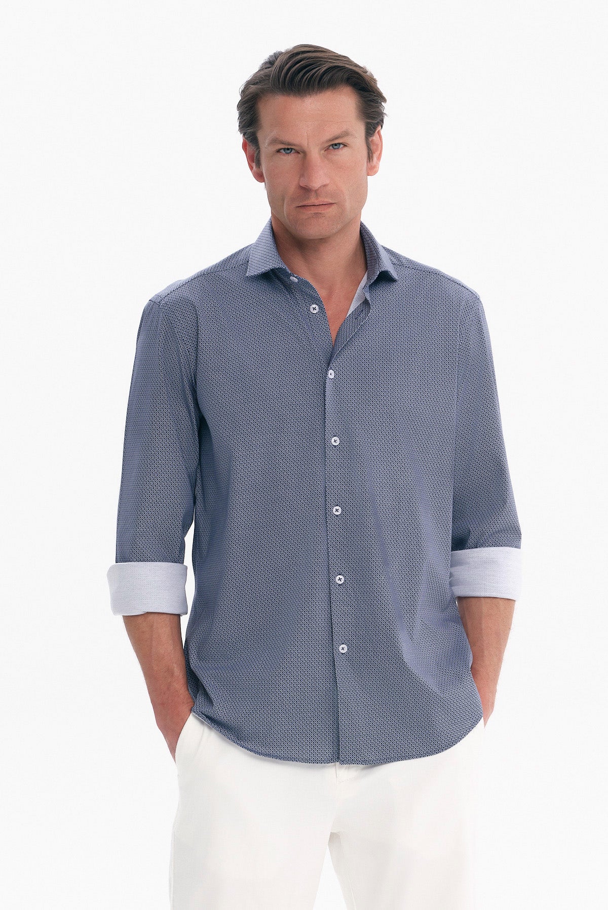 ΑΝΔΡΙΚΟ ΜΠΛΕ ΠΟΥΚΑΜΙΣΟ JERSEY REGULAR FIT PORTOBELLO'S ΜΕ REX ΓΙΑΚΑ ΚΑΙ ΜΙΚΡΟΣΧΕΔΙΟ