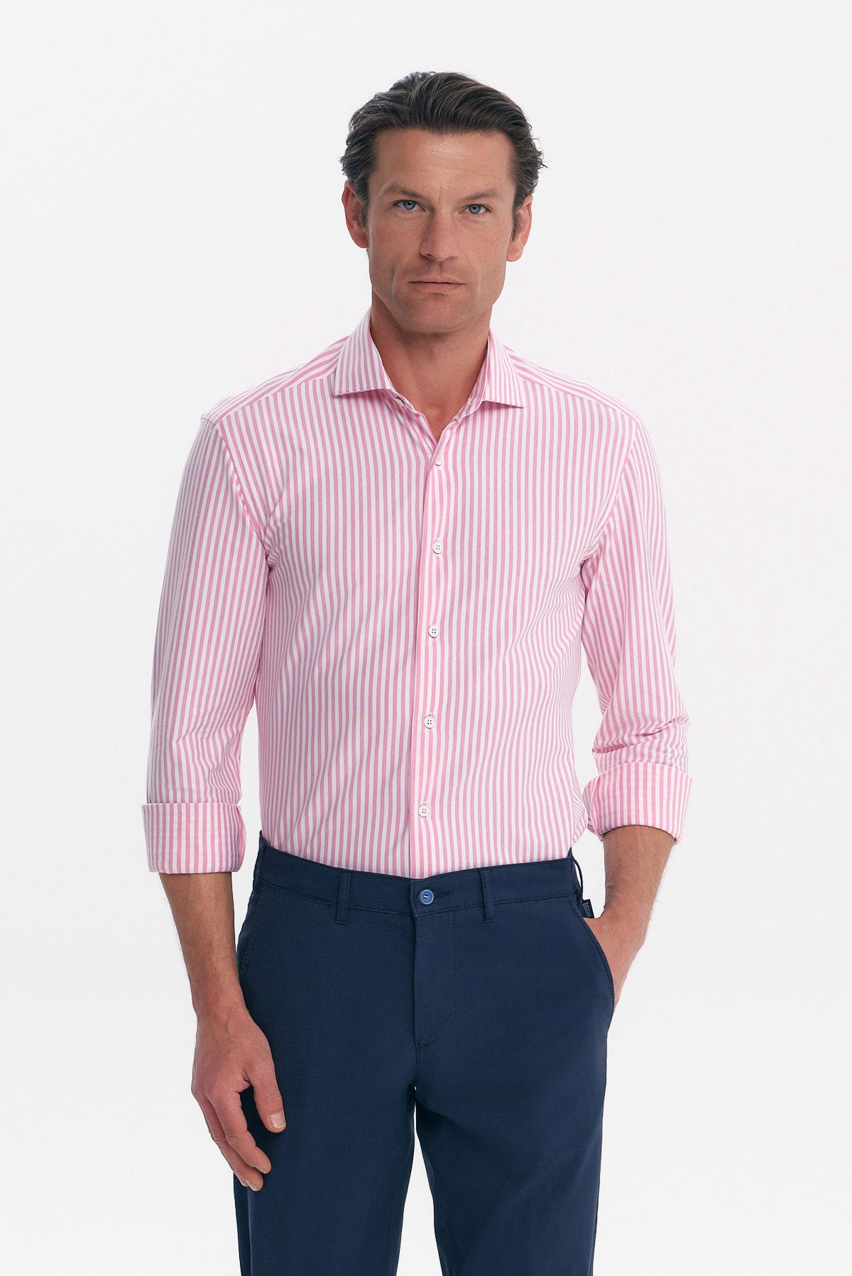ΑΝΔΡΙΚΟ ΡΟΖ ΠΟΥΚΑΜΙΣΟ ΜΕ ΛΕΥΚΕΣ ΡΙΓΕΣ SLIM FIT PORTOBELLO'S ΚΑΙ REX ΓΙΑΚΑ