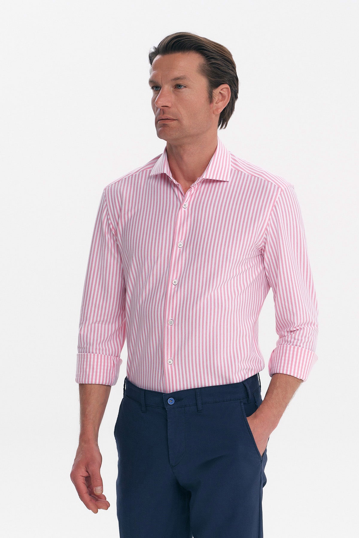 ΑΝΔΡΙΚΟ ΡΟΖ ΠΟΥΚΑΜΙΣΟ ΜΕ ΛΕΥΚΕΣ ΡΙΓΕΣ SLIM FIT PORTOBELLO'S ΚΑΙ REX ΓΙΑΚΑ