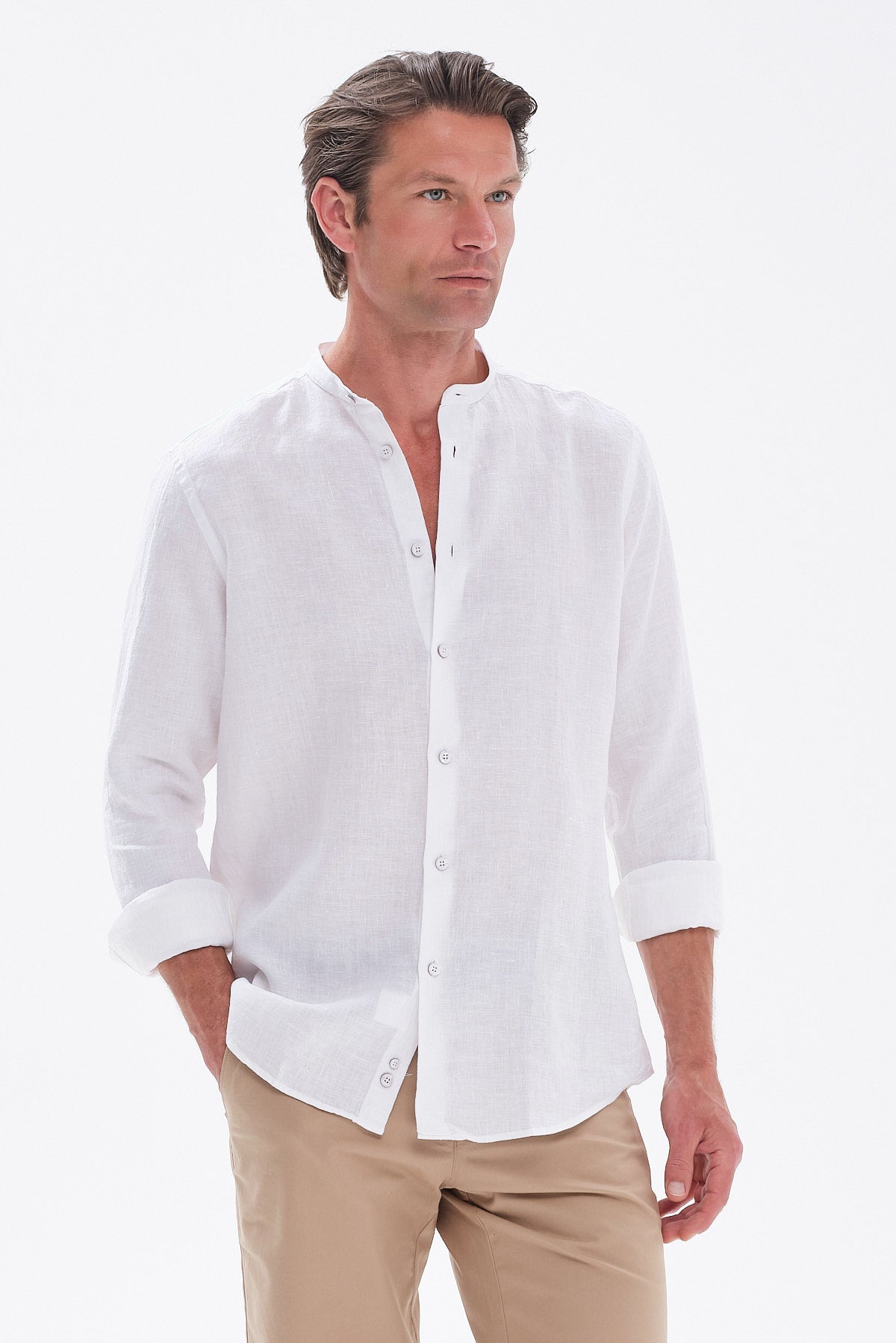 ΑΝΔΡΙΚΟ ΛΕΥΚΟ ΛΙΝΟ ΠΟΥΚΑΜΙΣΟ PORTOBELLO'S MODERN FIT ΜΕ MAO ΓΙΑΚΑ