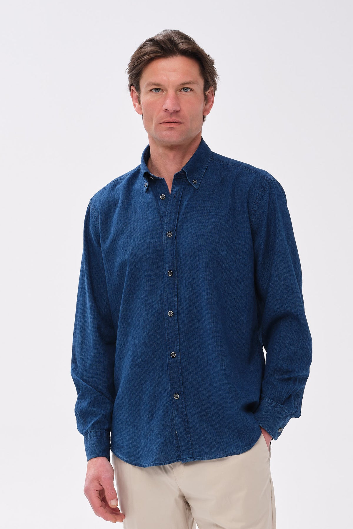 ΑΝΔΡΙΚΟ ΛΙΝΟΒΑΜΒΑΚΟ ΜΠΛΕ JEAN ΠΟΥΚΑΜΙΣΟ PORTOBELLO'S ΜΕ BUTTON DOWN ΓΙΑΚΑ REGULAR FIT