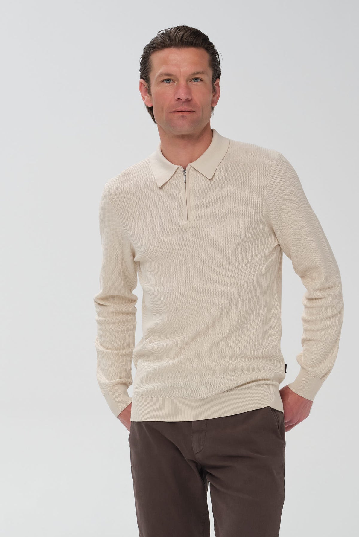 ΑΝΔΡΙΚΟ ΜΠΕΖ ΣΚΟΥΡΟ ΠΛΕΚΤΟ ΜΑΚΡΥΜΑΝΙΚΟ POLΟ ZIP PORTOBELLO'S REGULAR FIT