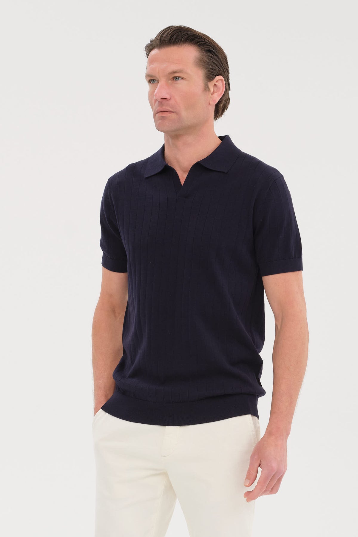 ΑΝΔΡΙΚΟ ΜΠΛΕ KONTOMANIKO POLO PORTOBELLO'S ME ΚΑΘΕΤΗ ΡΙΓΕ ΠΛΕΞΗ ΚΑΙ NO BUTTON ΓΙΑΚΑ REGULAR FIT