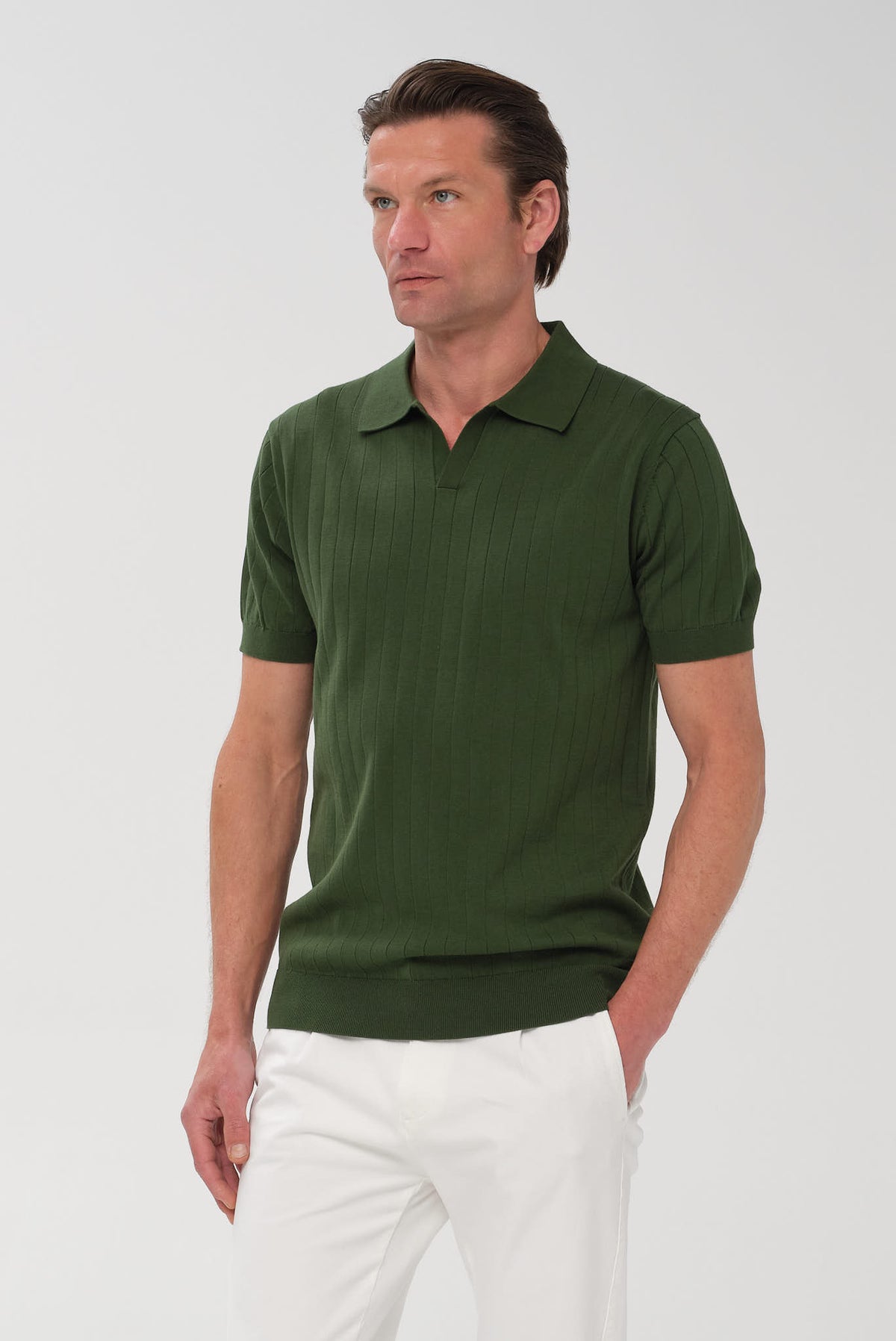 ΑΝΔΡΙΚΟ ΠΡΑΣΙΝΟ KONTOMANIKO POLO PORTOBELLO'S ME ΚΑΘΕΤΗ ΡΙΓΕ ΠΛΕΞΗ ΚΑΙ NO BUTTON ΓΙΑΚΑ REGULAR FIT