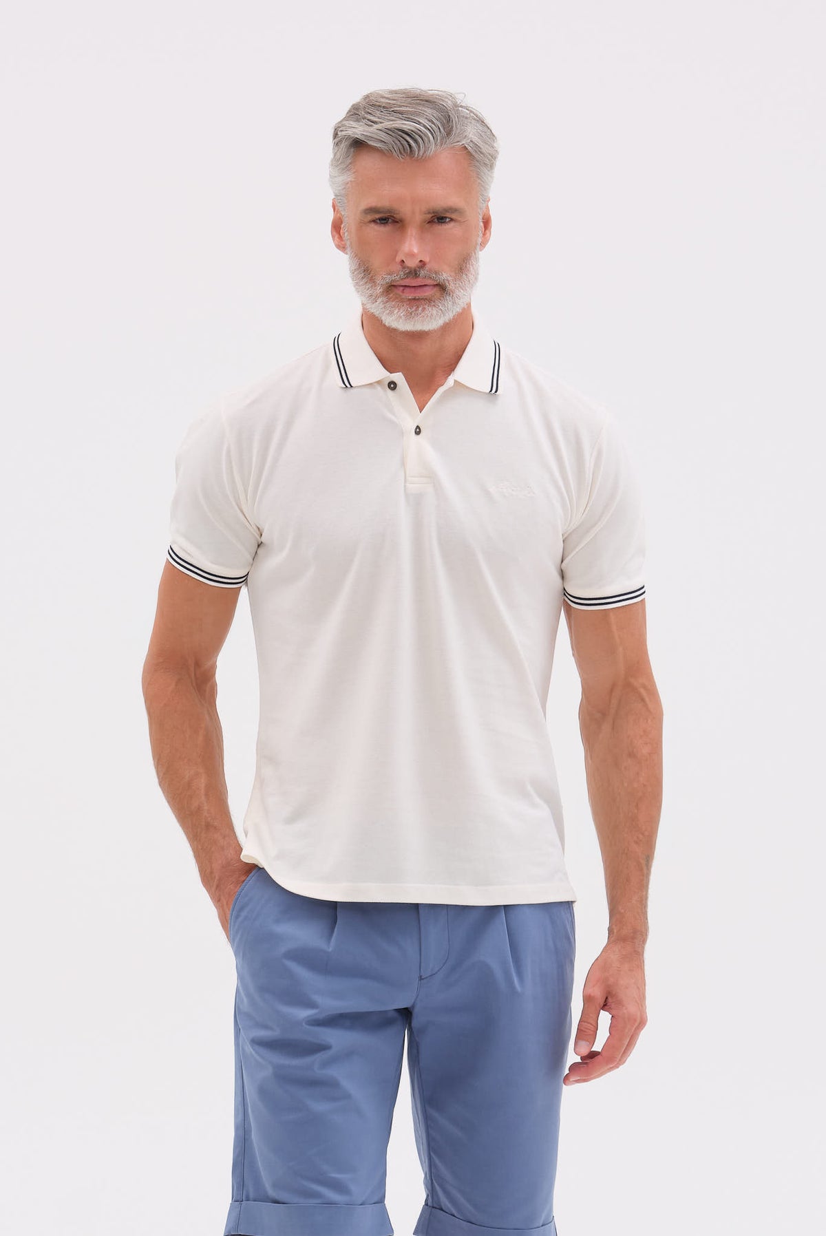 ΑΝΔΡΙΚΟ ΕΚΡΟΥ ΚΟΝΤΟΜΑΝΙΚΟ PIQUE POLO PORTOBELLO'S ΜΕ ΛΕΠΤΟΜΕΡΕΙΕΣ ΣΤΟΝ ΓΙΑΚΑ ΚΑΙ ΣΤΑ ΜΑΝΙΚΙΑ REGULAR FIT