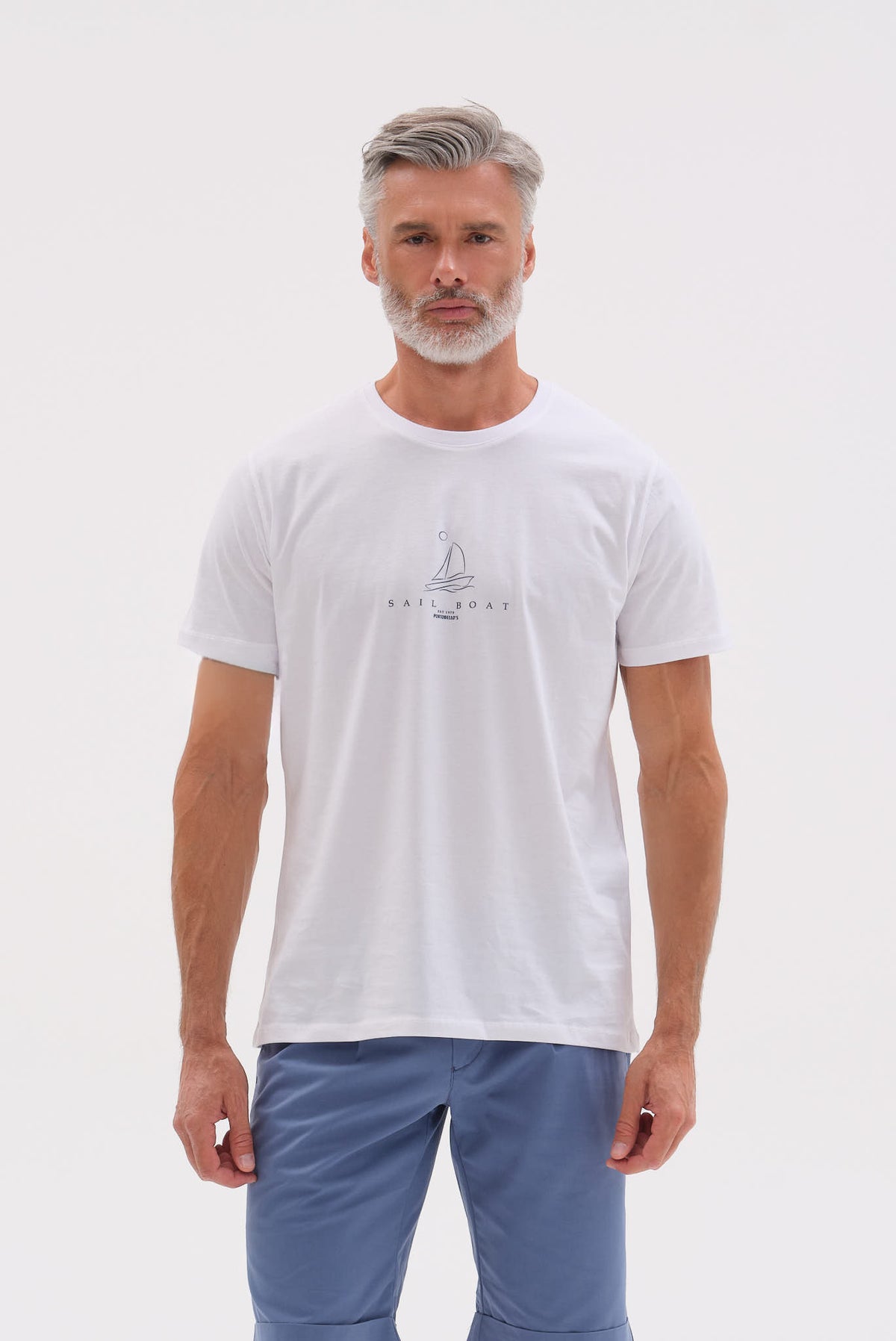 ΑΝΔΡΙΚΟ ΛΕΥΚΟ ΚΟΝΤΟΜΑΝΙΚΟ T-SHIRT PORTOBELLO'S ME ΣΤΑΜΠΑ SAIL BOAT