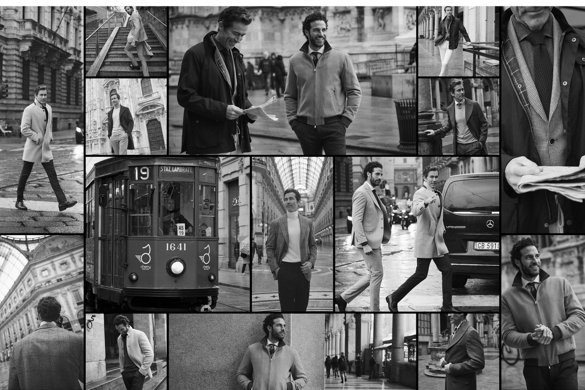 Άνδρες με κομψά ρούχα Portobello's περπατούν, στέκονται και διαβάζουν στο ιστορικό Μιλάνο για την καμπάνια Fall-Winter 2026 Portobello's.