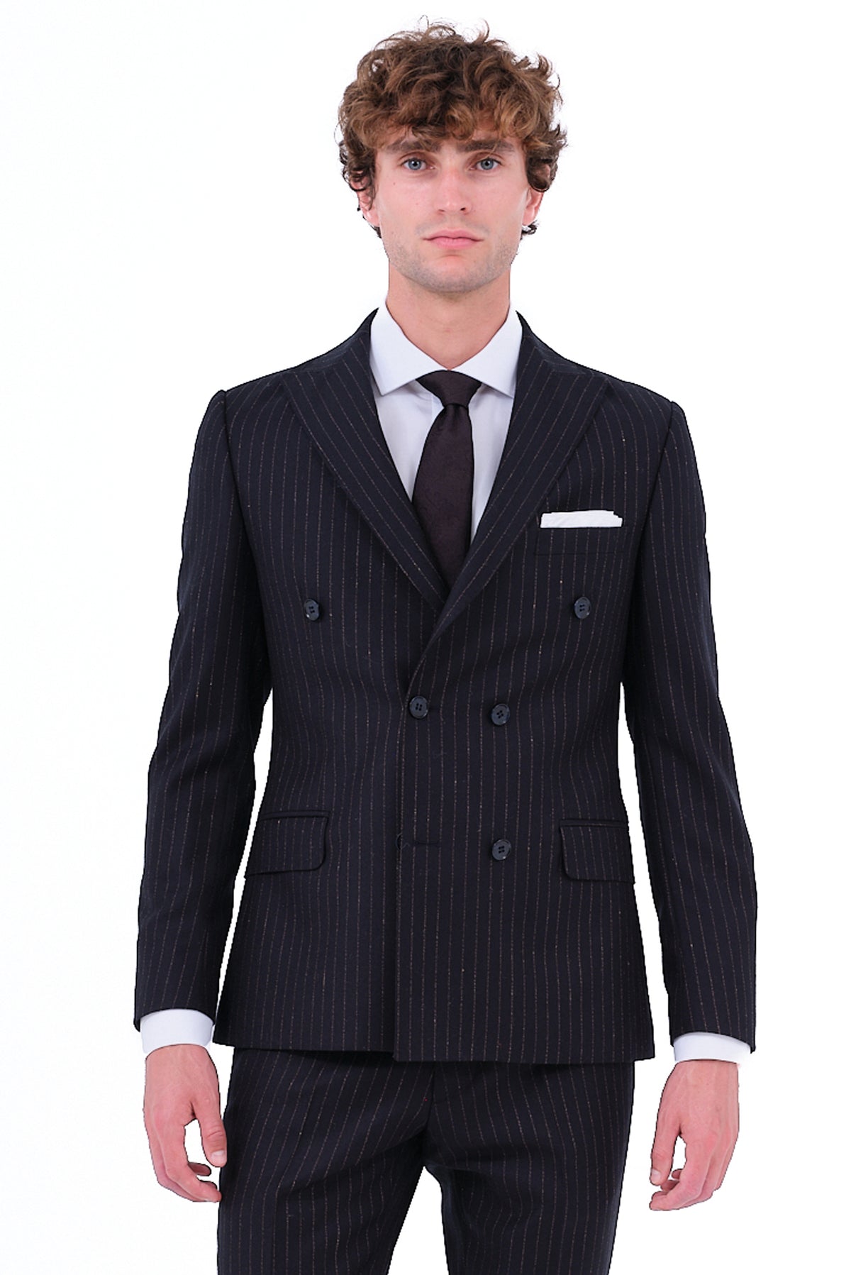 ΑΝΔΡΙΚΟ ΣΤΑΥΡΩΤΟ PINSTRIPE ΚΟΣΤΟΥΜΙ PORTOBELLO'S ΣΕ ΜΑΥΡΟ ΧΡΩΜΑ ΜΕ ΧΡΥΣΑΦΙ ΡΙΓΑ