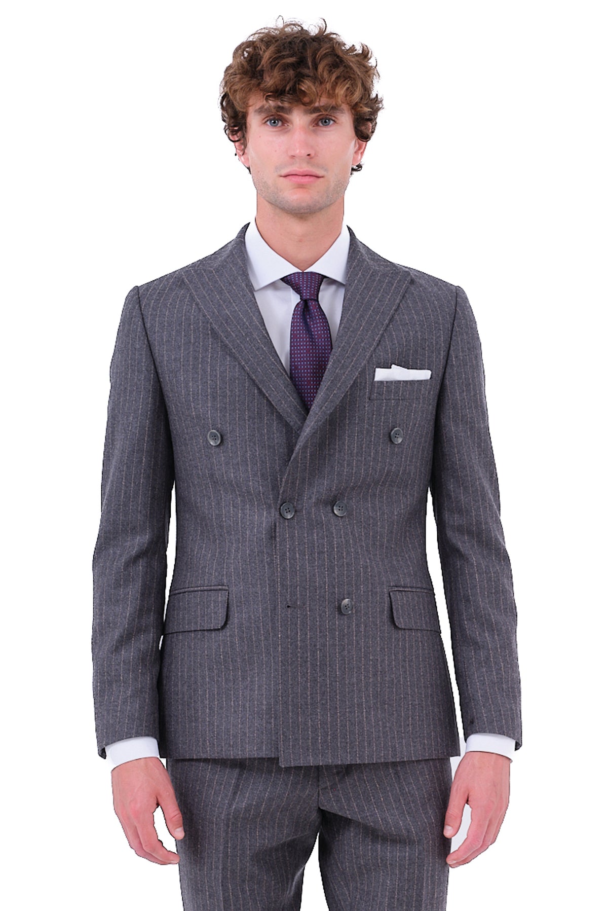 ΑΝΔΡΙΚΟ ΣΤΑΥΡΩΤΟ PINSTRIPE ΚΟΣΤΟΥΜΙ PORTOBELLO'S ΣΕ ΓΚΡΙ ΧΡΩΜΑ ΜΕ ΧΡΥΣΑΦΙ ΡΙΓΑ