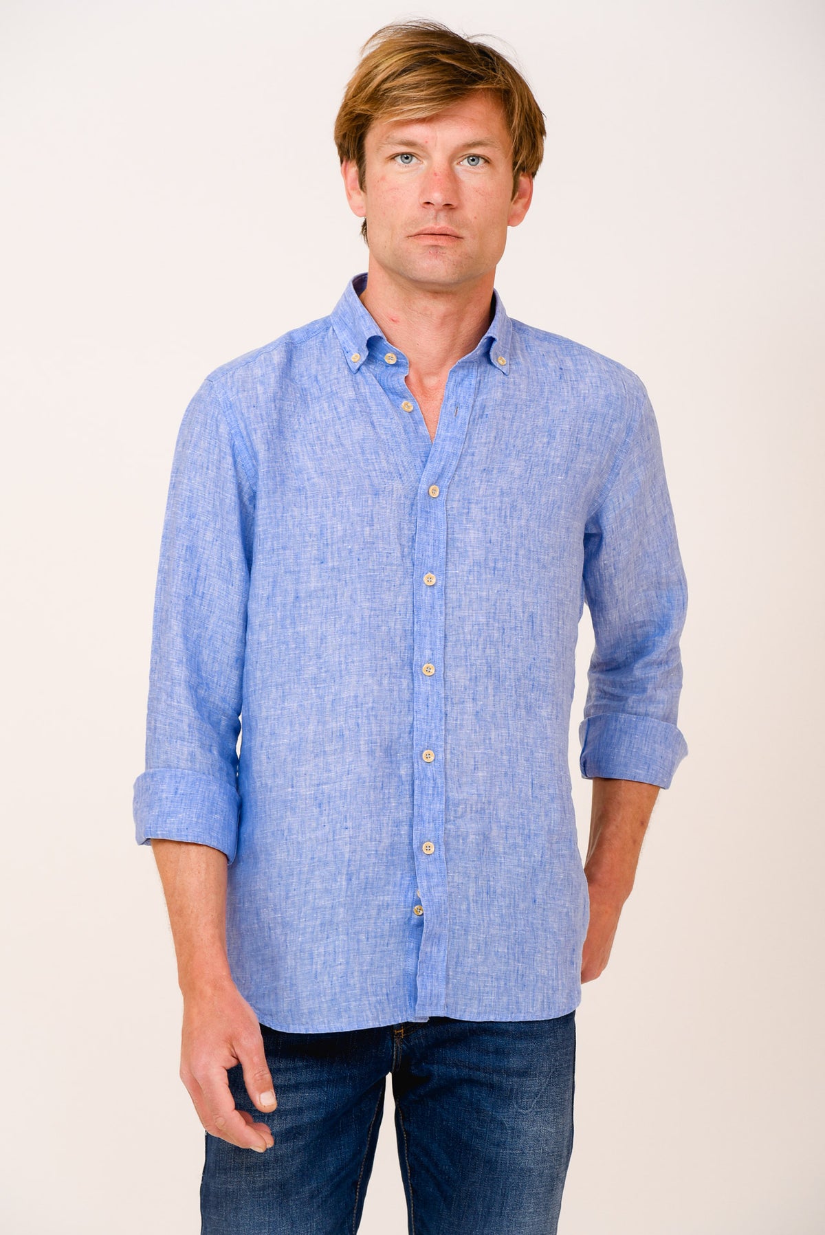 ΑΝΔΡΙΚΟ ΠΟΥΚΑΜΙΣΟ ΛΙΝΟ ΜΕ BUTTON DOWN ΓΙΑΚΑ PORTOBELLO'S ΣΙΕΛ ΧΡΩΜΑ ΠΛΥΜΕΝΟ
