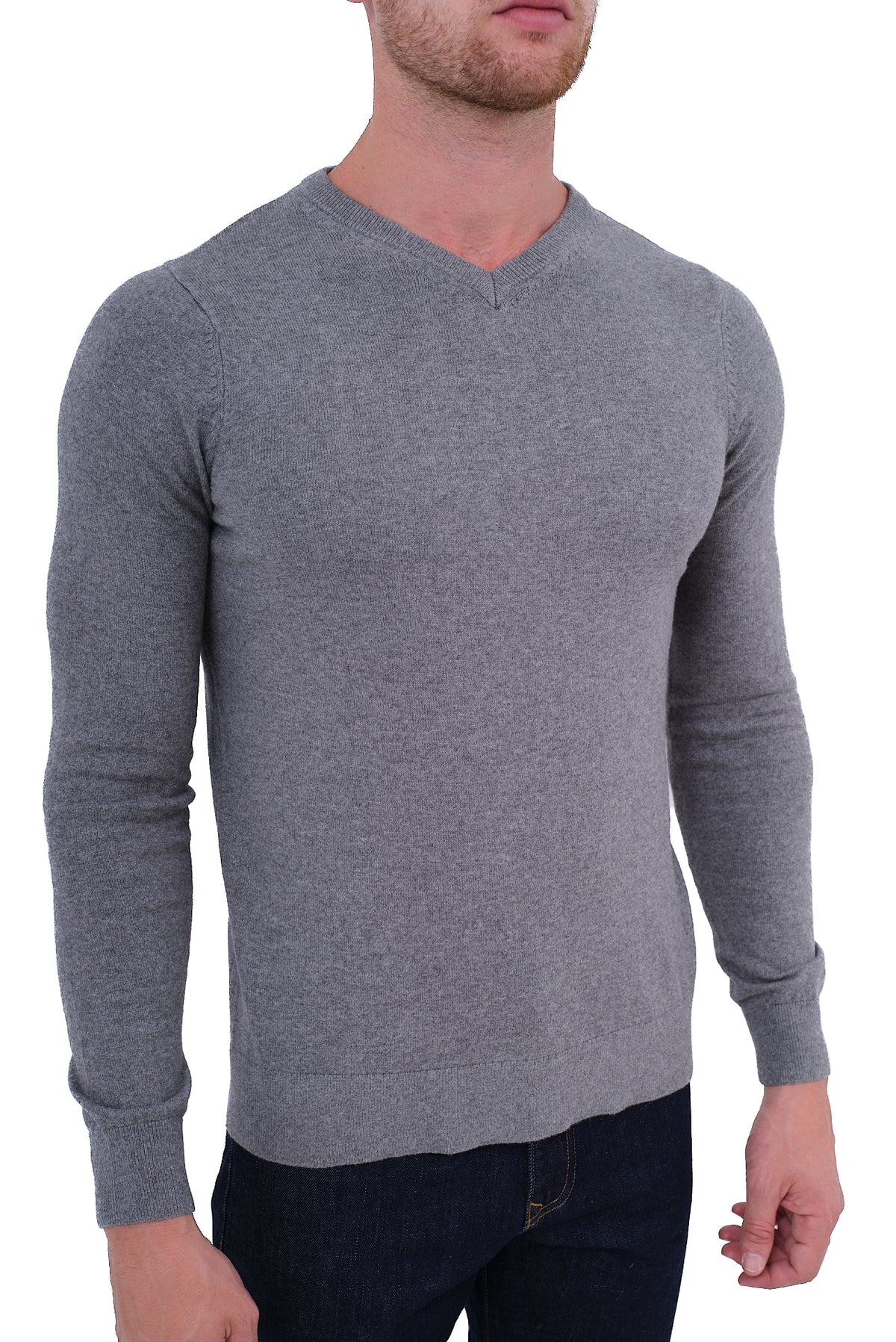 ΑΝΔΡΙΚΟ ΓΚΡΙ ΜΕΣΑΙΟ ΠΟΥΛΟΒΕΡ PORTOBELLO'S ΜΕ V NECK ΚΑΙ ΚΑΣΜΙΡ