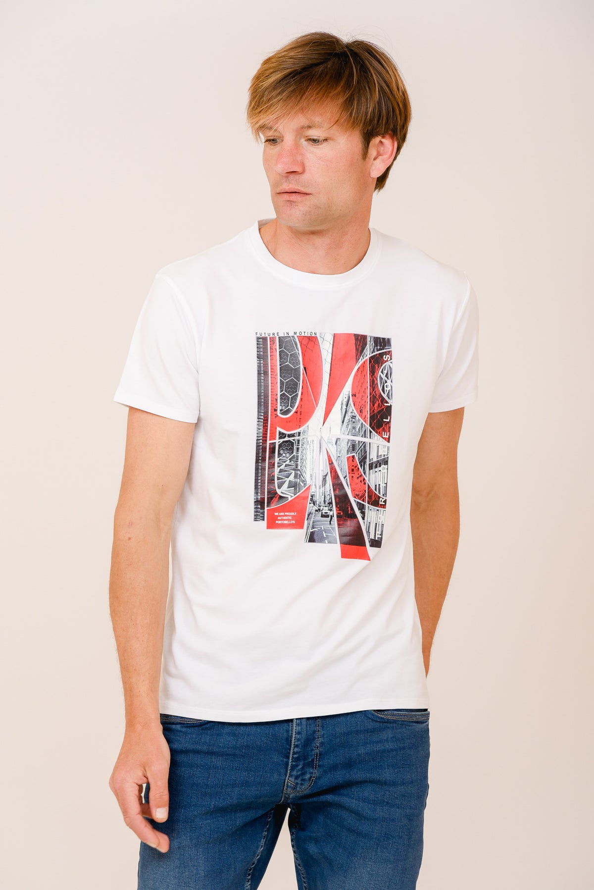 ΑΝΔΡΙΚΟ T-SHIRT PORTOBELLO'S ΛΕΥΚΟ ΜΕ ΣΤΑΜΠΑ FUTURE IN MOTION